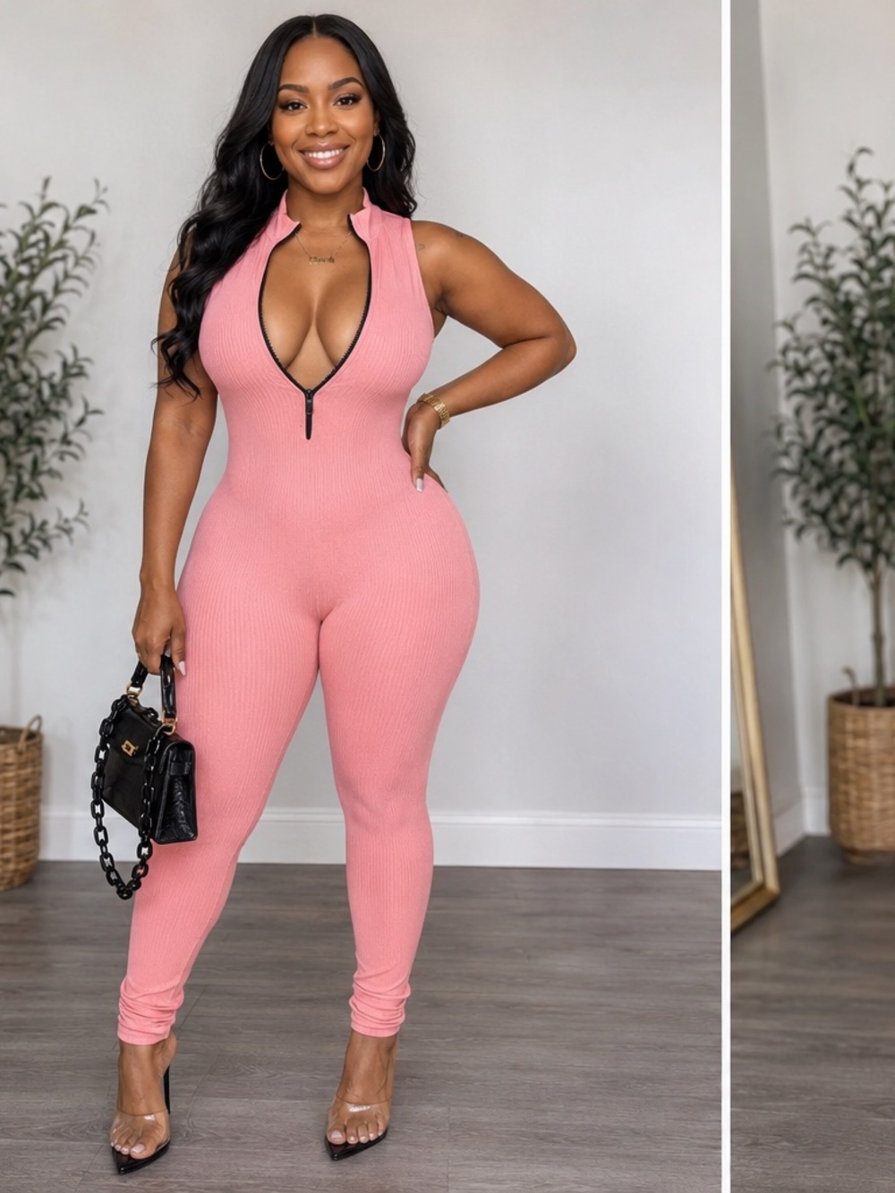Pretty in Pink Zip-Up Ribbed Jumpsuit